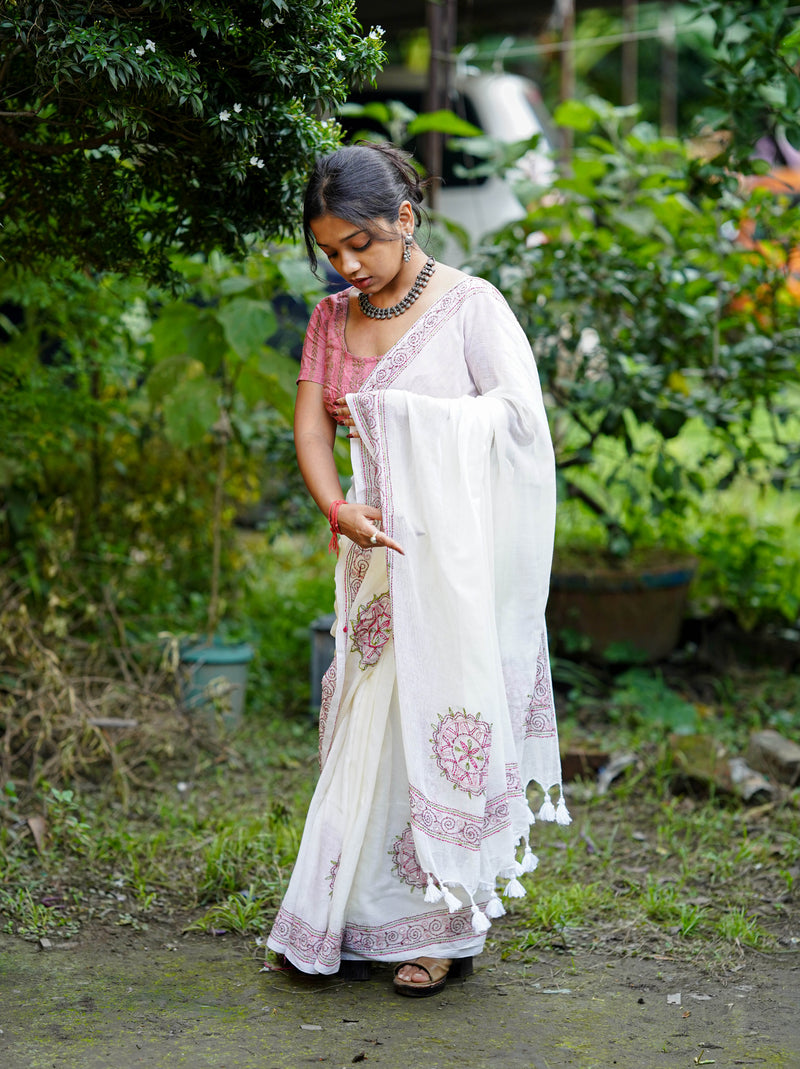 Ivory Gulabi Embroidered Saree