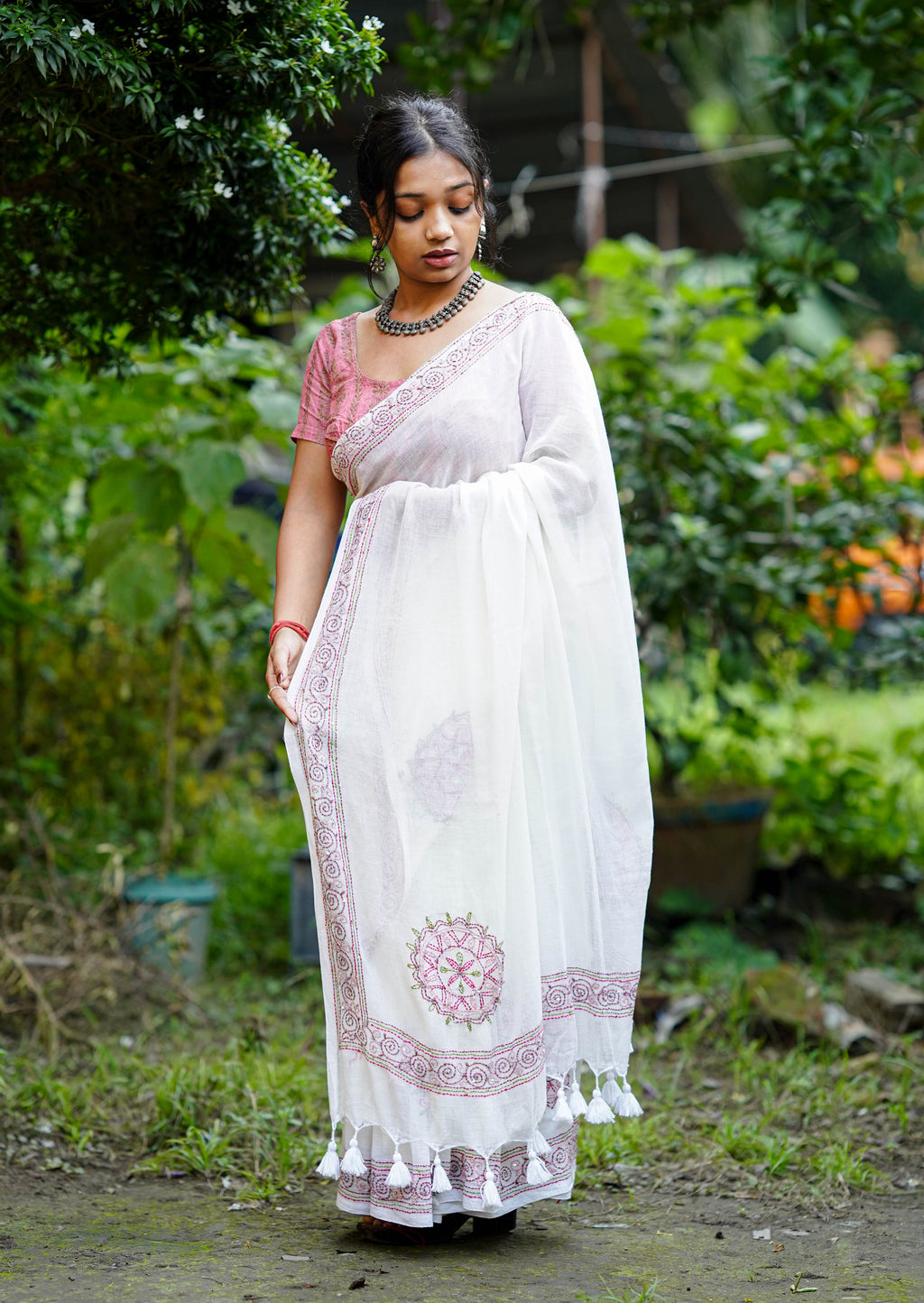 Ivory Gulabi Embroidered Saree