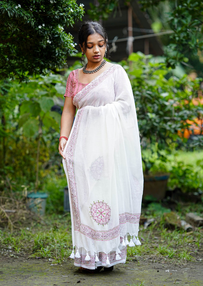 Ivory Gulabi Embroidered Saree