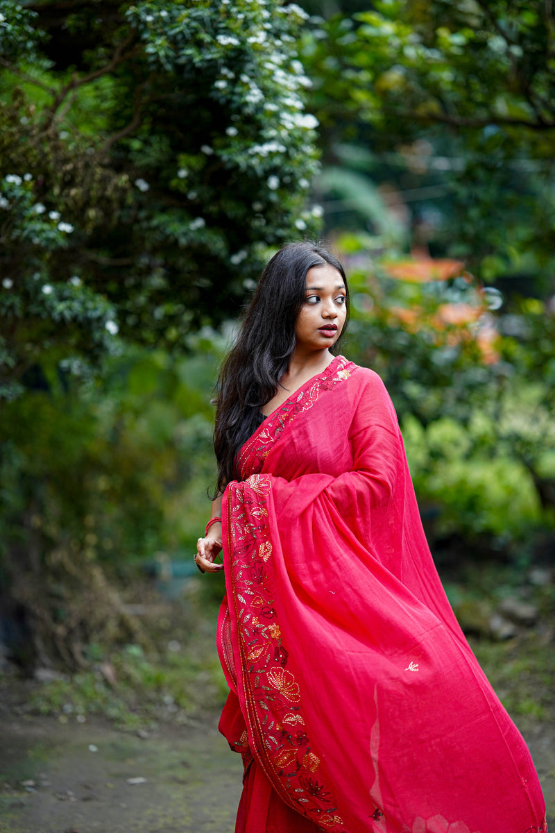 Crimson Bloom Floral Embellished Saree
