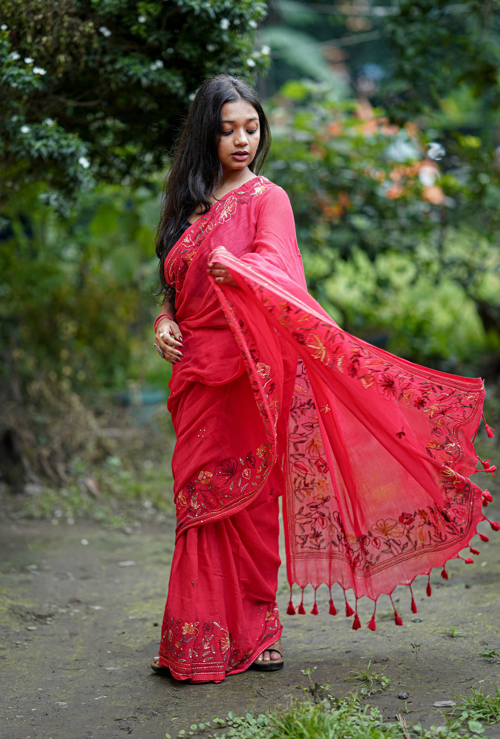 Crimson Bloom Floral Embellished Saree