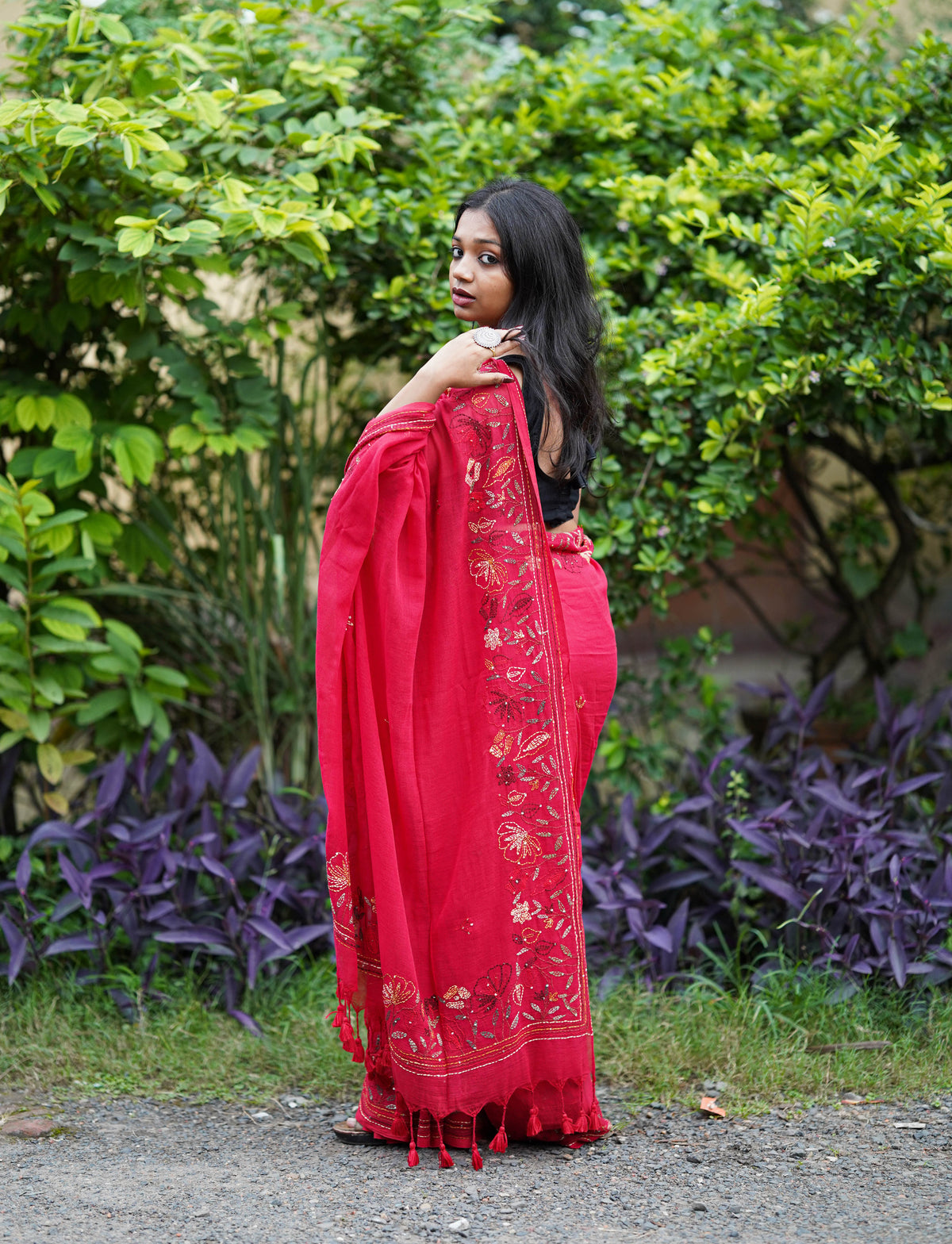 Crimson Bloom Floral Embellished Saree