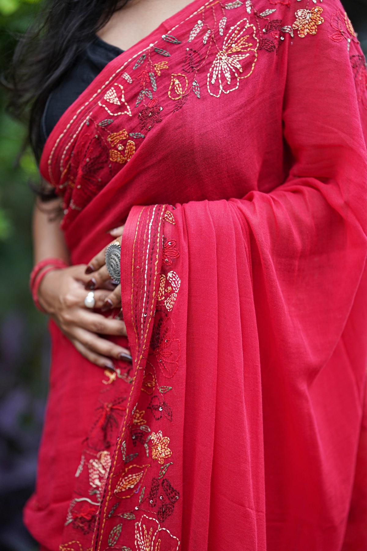 Crimson Bloom Floral Embellished Saree