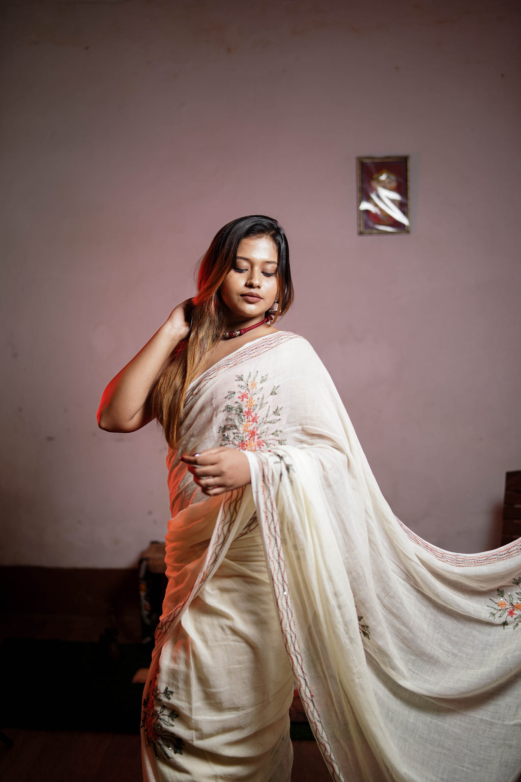 Ivory Blossom Embroidered Saree