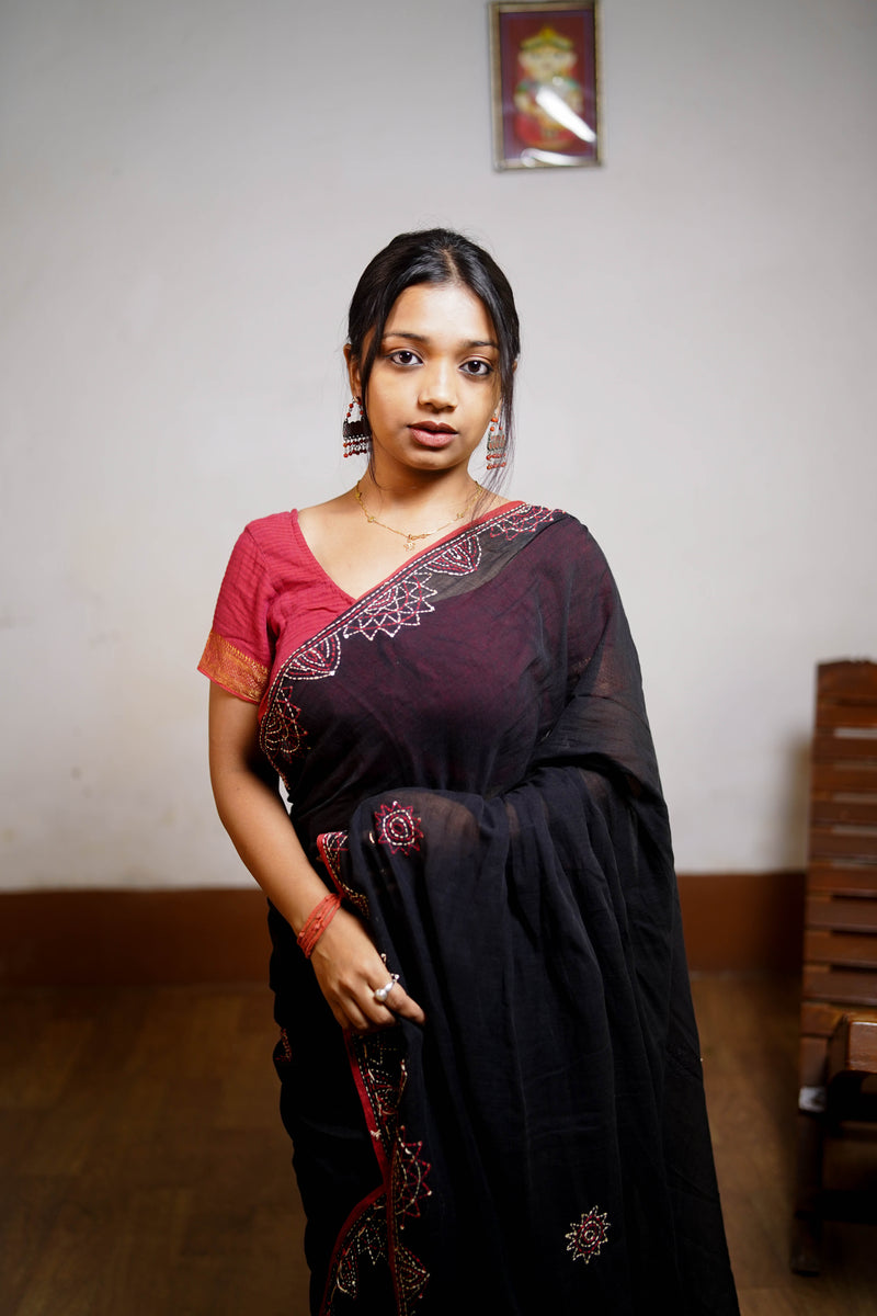 Noir Bloom Hand-Embroidered Saree