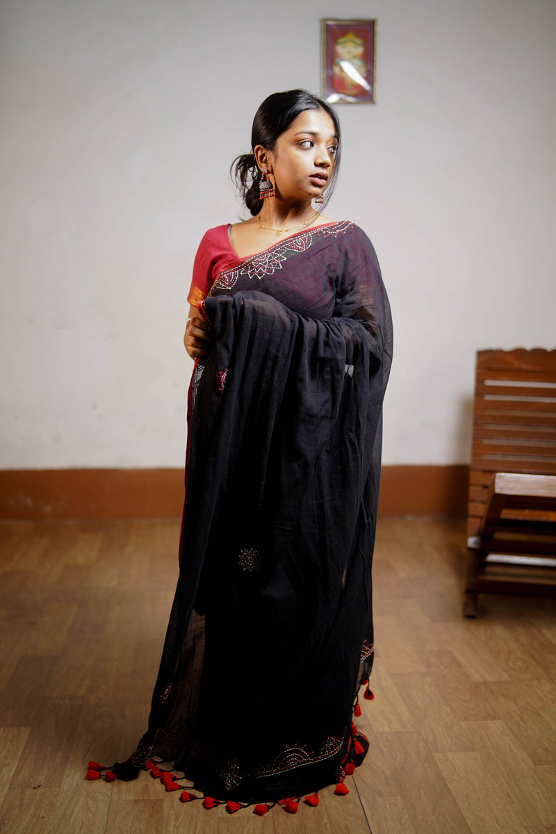 Noir Bloom Hand-Embroidered Saree