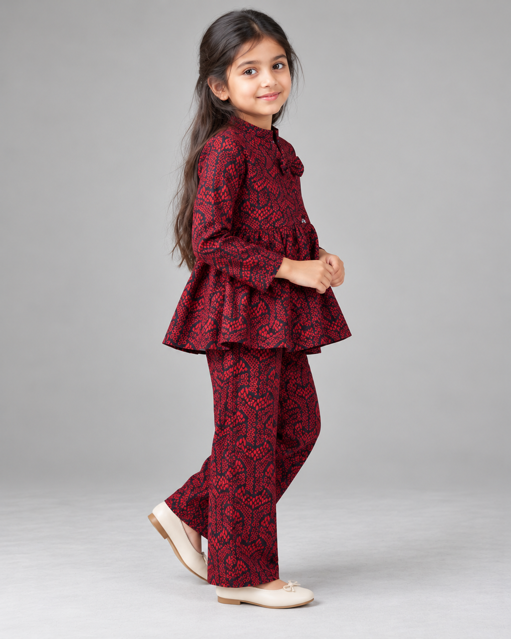 Red & Black Printed Peplum Set