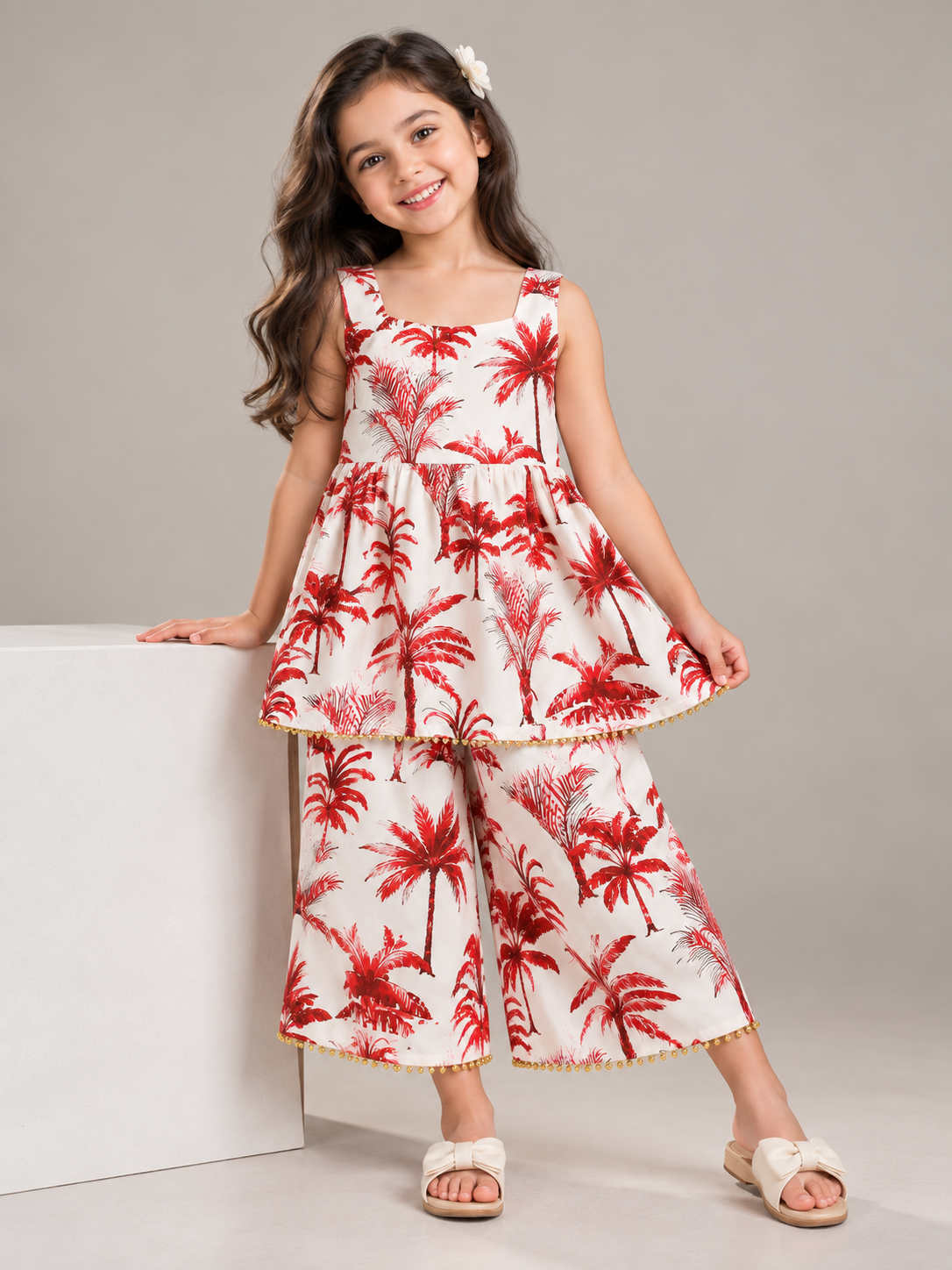 Red Palm Print Peplum Co-ord Set