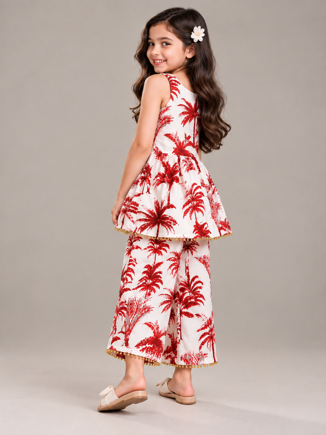 Red Palm Print Peplum Co-ord Set